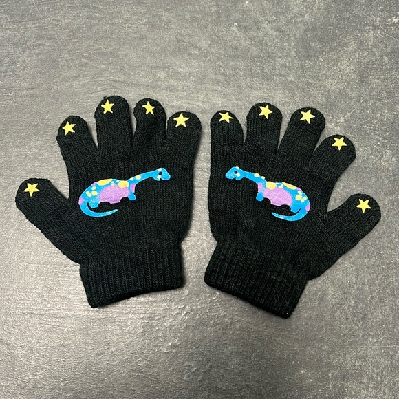 Kids black Knit Gloves with dinosaur and star designs child size - Picture 1 of 5
